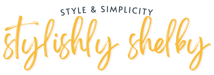 Style & Simplicity arched in navy blue over Stylishly Shelby in a yellow script font
